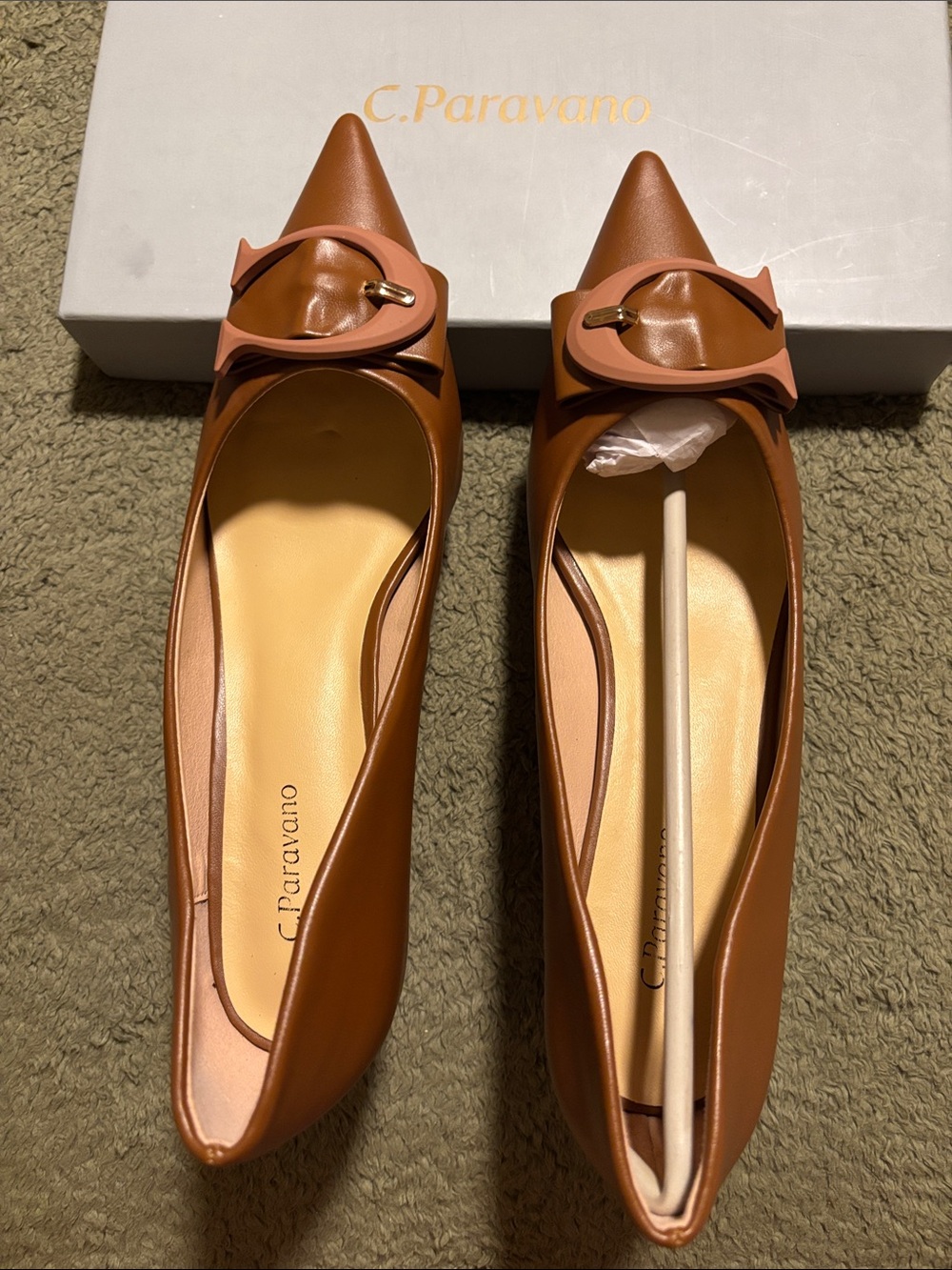 C. Paravano Tan Pointed-Toe Leather Flats with Signature Buckle